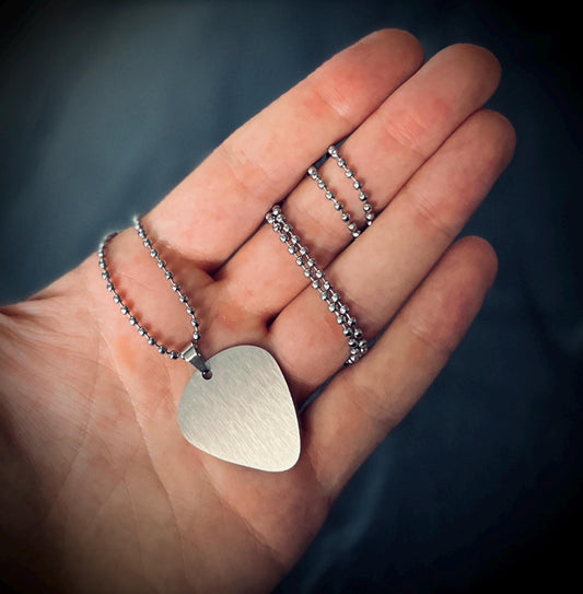 Minimalist Simple Brushed Stainless Steel Matte Silver Chrome Guitar Pick Pendant with Matching Ball Chain Necklace / Guitarist / Musician