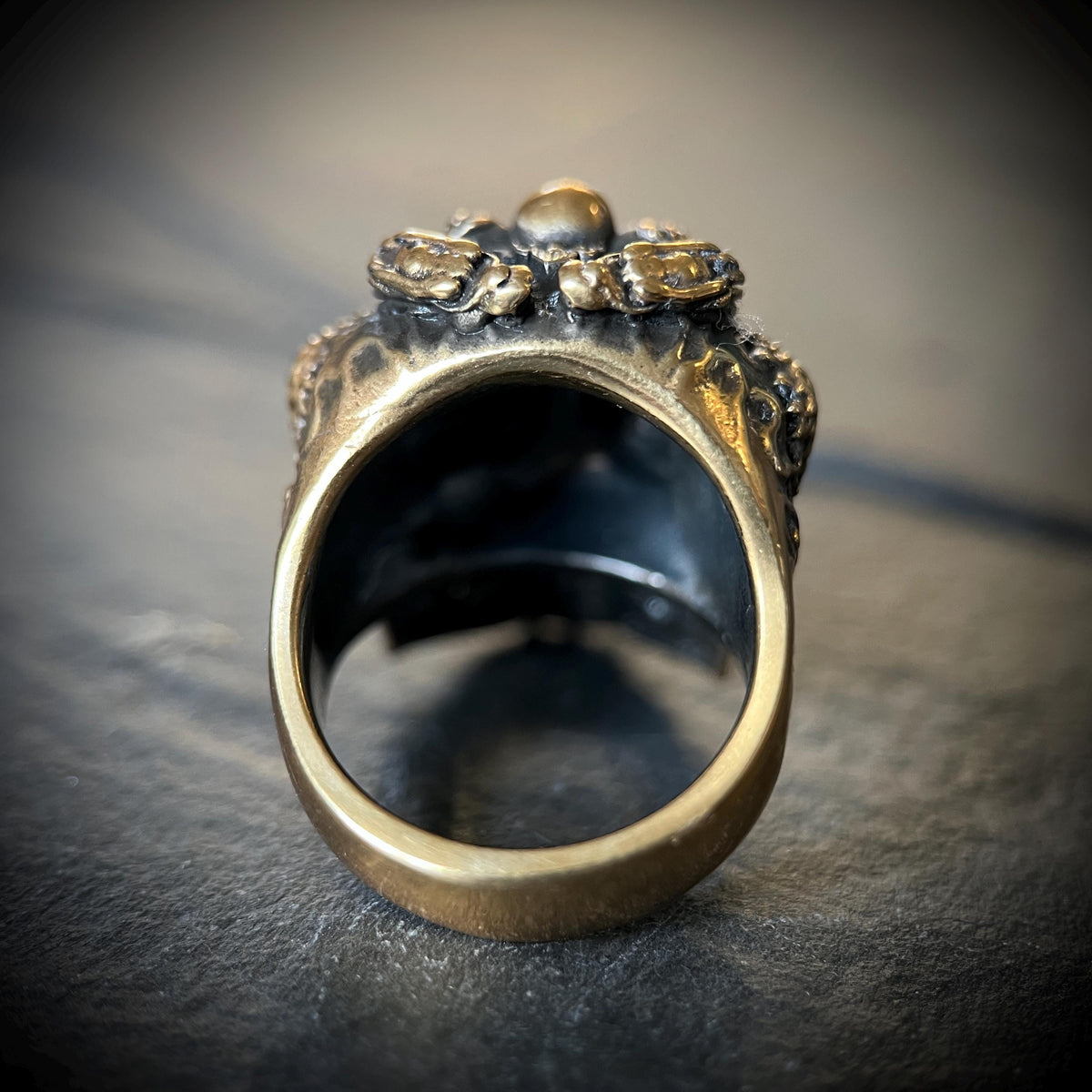 24ct Gold Plated Detailed Oxidised Dragon Skull Ring with Ornate Carvings