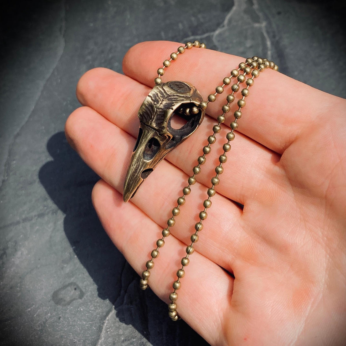 Handmade Solid Brass Distressed Crow / Raven Bird Skull Pendant with Matching Ball Chain Necklace