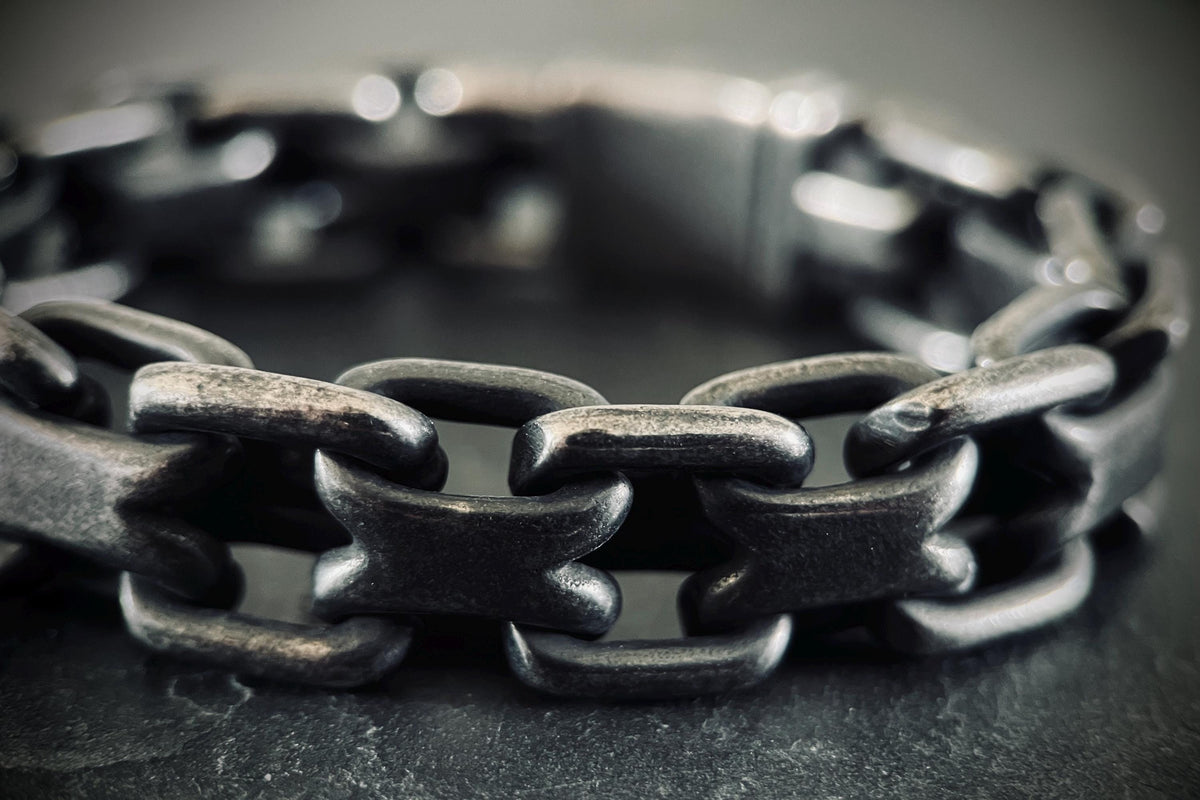 Mens Chunky Blackened Stainless Steel Chain Bracelet: Heavy Duty Oxidized Finish