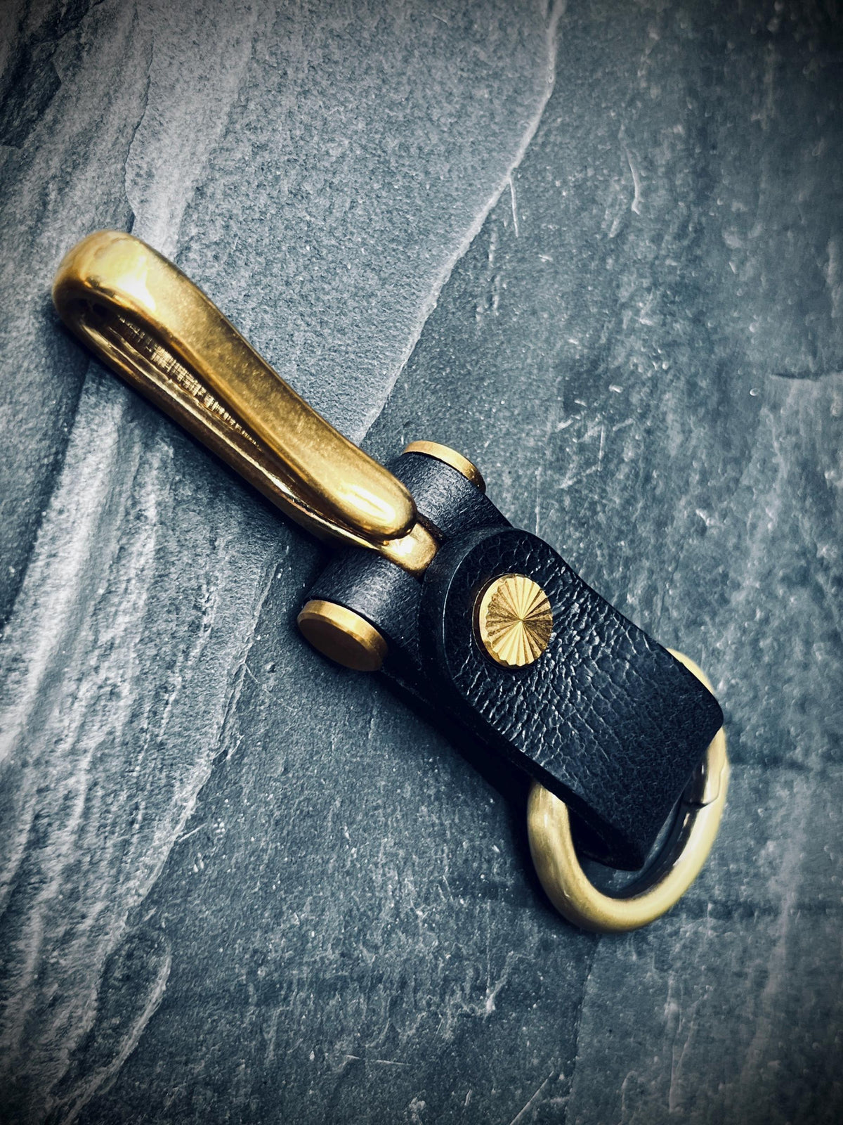 Distressed Black Leather Brass Fish Hook Belt Keychain / Key Holder / Lanyard / Carabiner