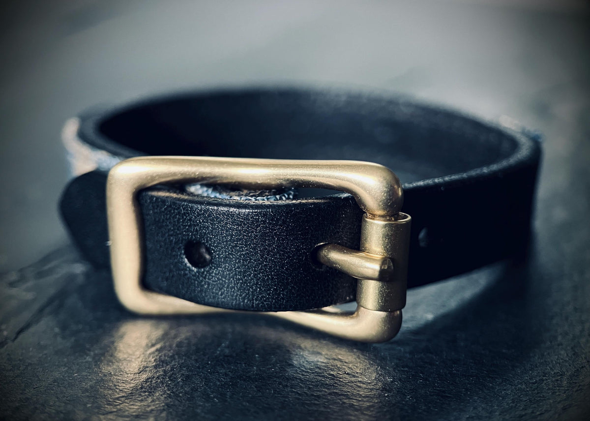 Distressed Black Leather & Denim Wrap Bracelet: Solid Brass Buckle