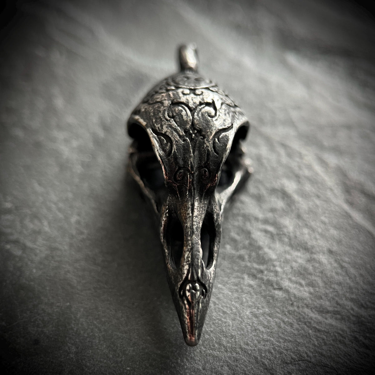 Oxidised Blackened Stainless Steel Crow Skull Amulet Ornate Pendant