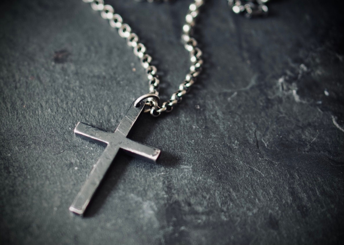 Rustic Oxidised Distressed 925 Sterling Silver Cross Pendant & 24" Rolo Chain Necklace