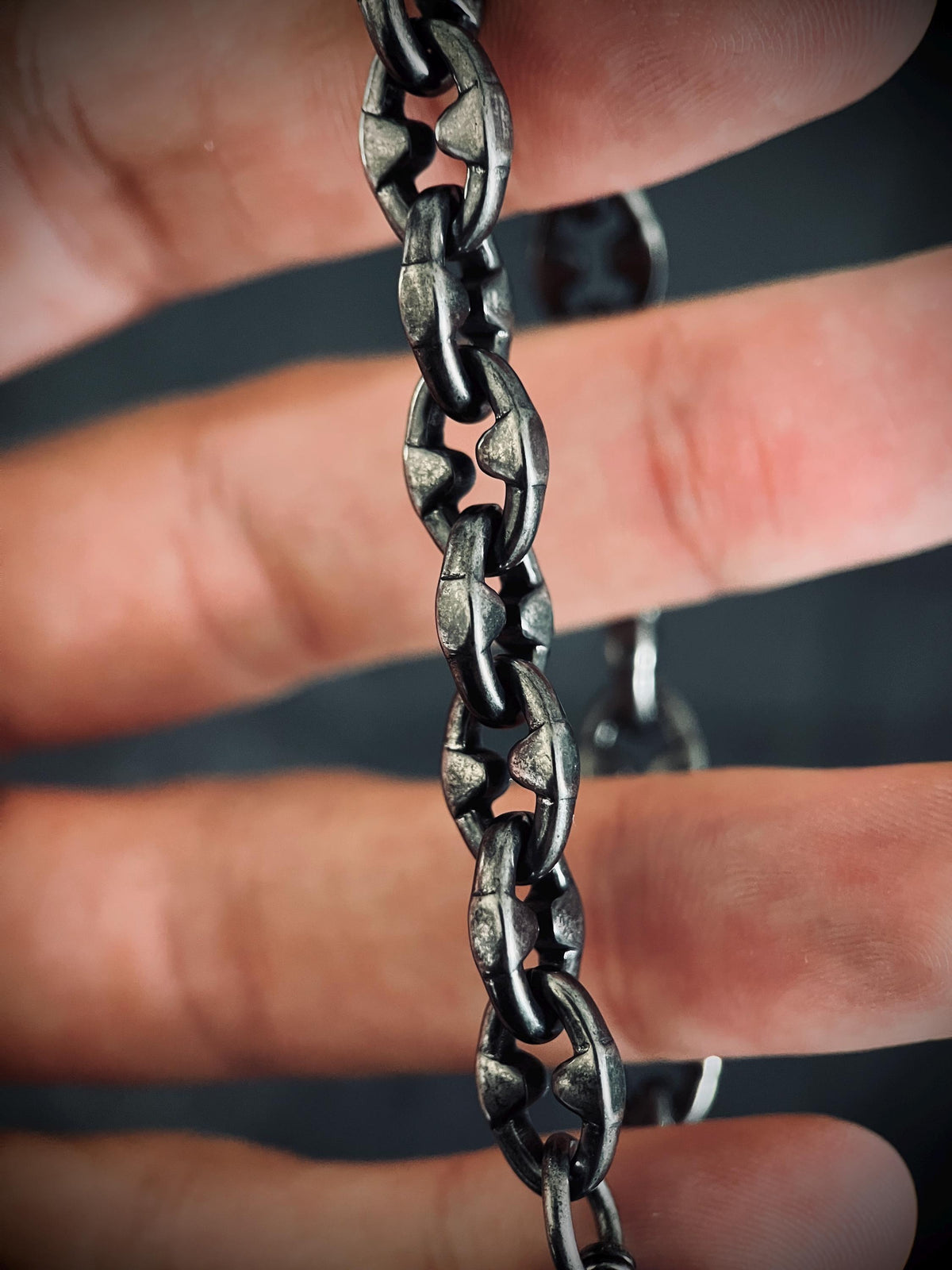 Rustic Chunky Distressed Blackened Stainless Steel Thorn Link Chain Bracelet