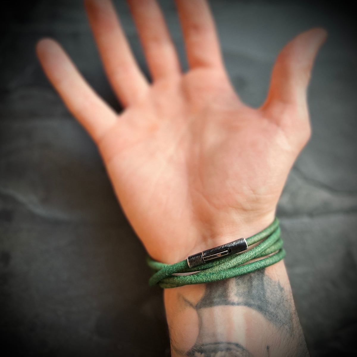 Artisan Handmade Minimalist Green Distressed Relic Leather Wrap Wristband Cuff Bracelet Accessory with Brushed Matte Black Lock Clasp