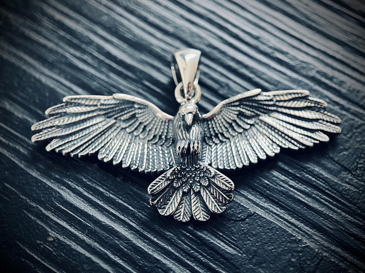 Oxidised Rustic Blackened 925 Solid Sterling Silver Winged Crow Bird Pendant