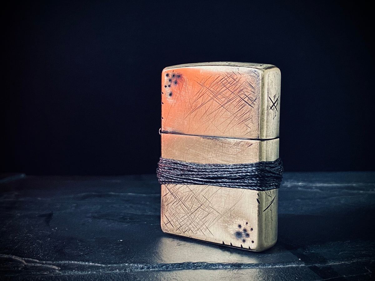 Customised Distressed & Oxidised Battle Damaged Vintage Style Gold Brass Zippo Lighter with Rope Grip / EDC / Everyday Carry