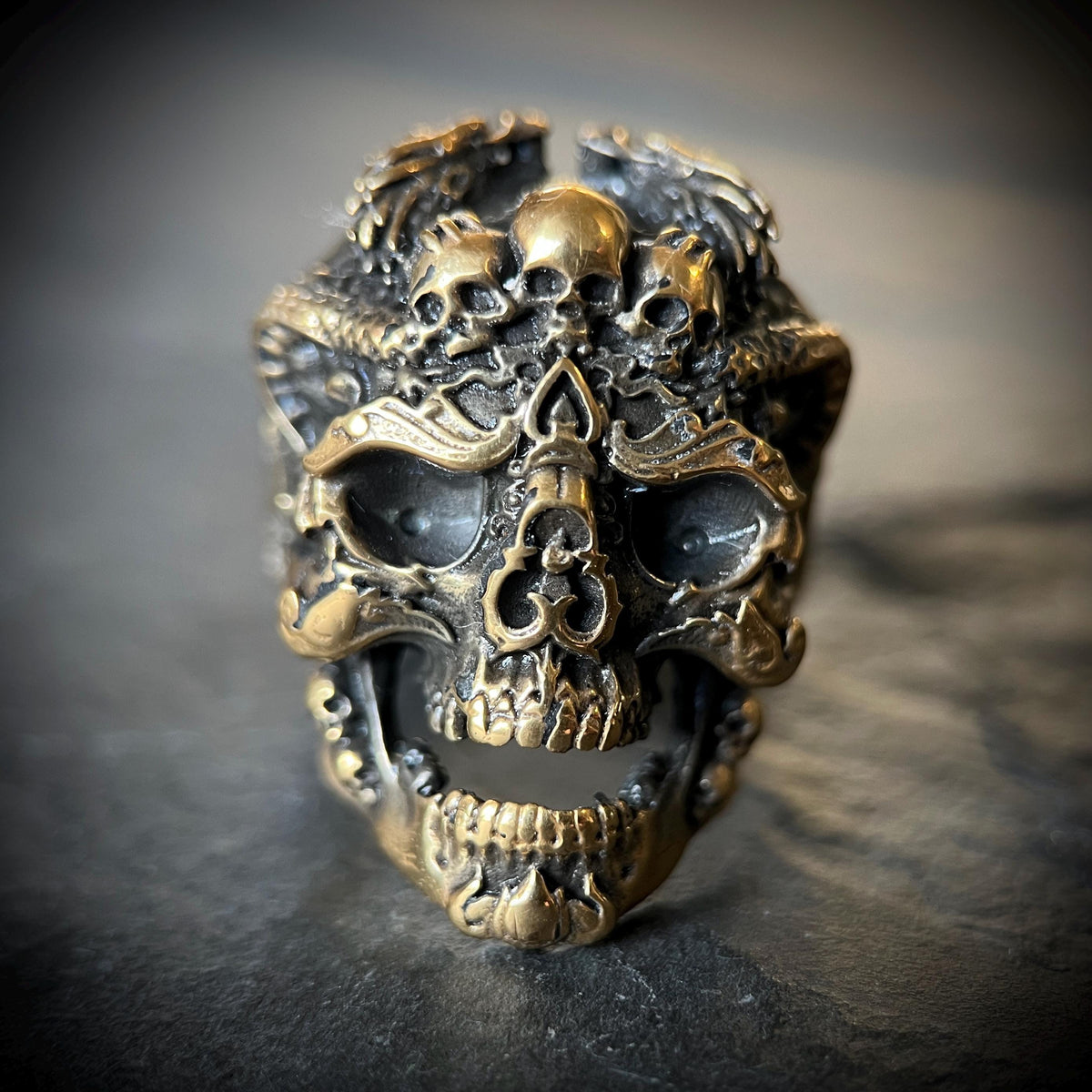 24ct Gold Plated Detailed Oxidised Dragon Skull Ring with Ornate Carvings