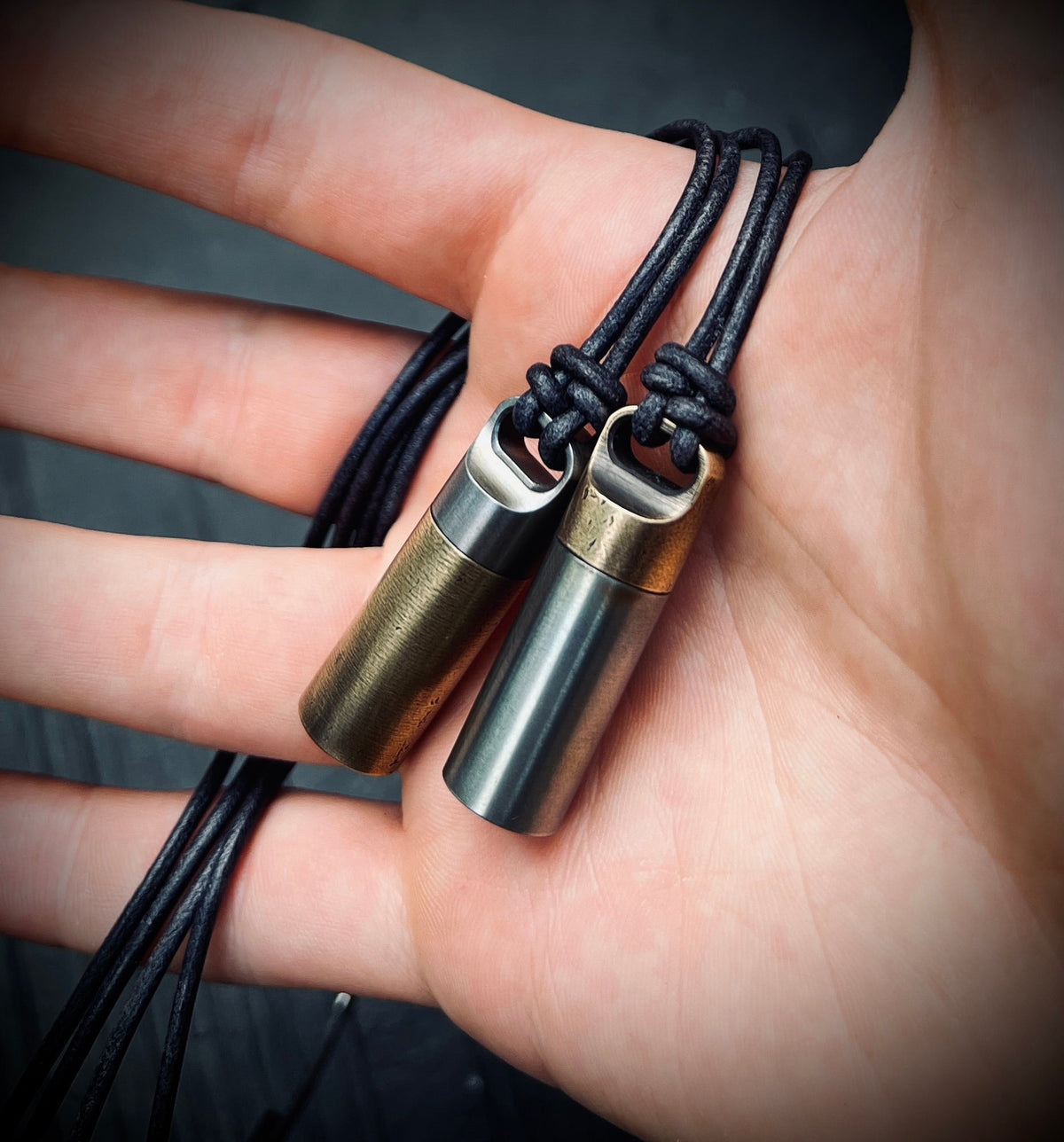 Two-Tone Brass & Stainless Steel Keepsake Necklace: Matching Pair of Stash Capsule Pendants / Couples / Friends