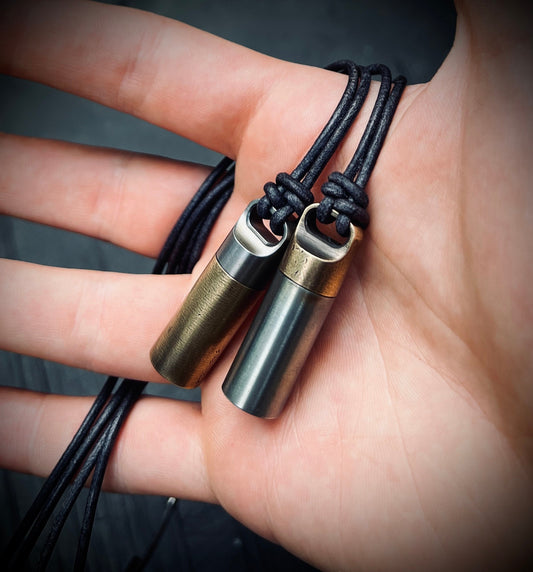 Two-Tone Brass & Stainless Steel Keepsake Necklace: Matching Pair of Stash Capsule Pendants / Couples / Friends