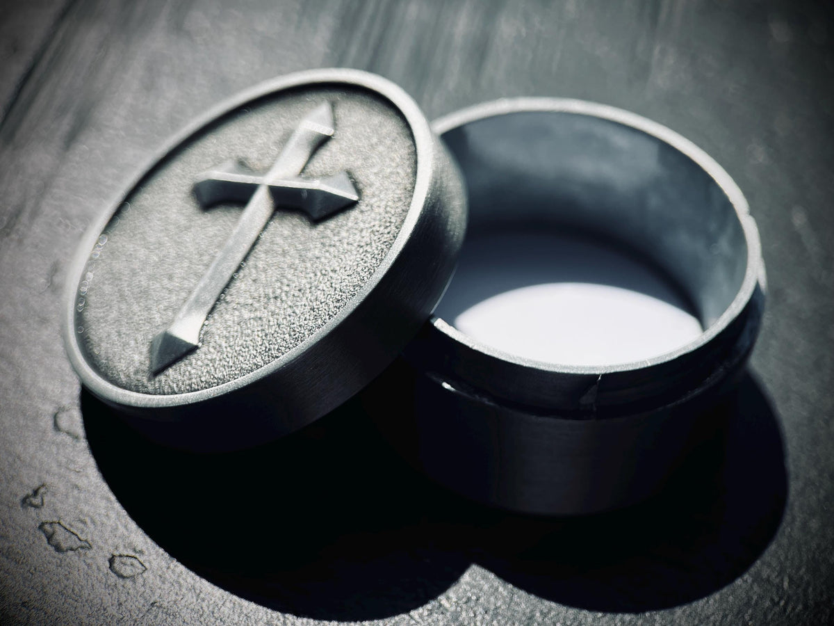 Ornate Distressed Stainless Steel Pill Bottle Stash Capsule Container with Silver Cross Crucifix / Survival EDC / Medication / Snuff Box