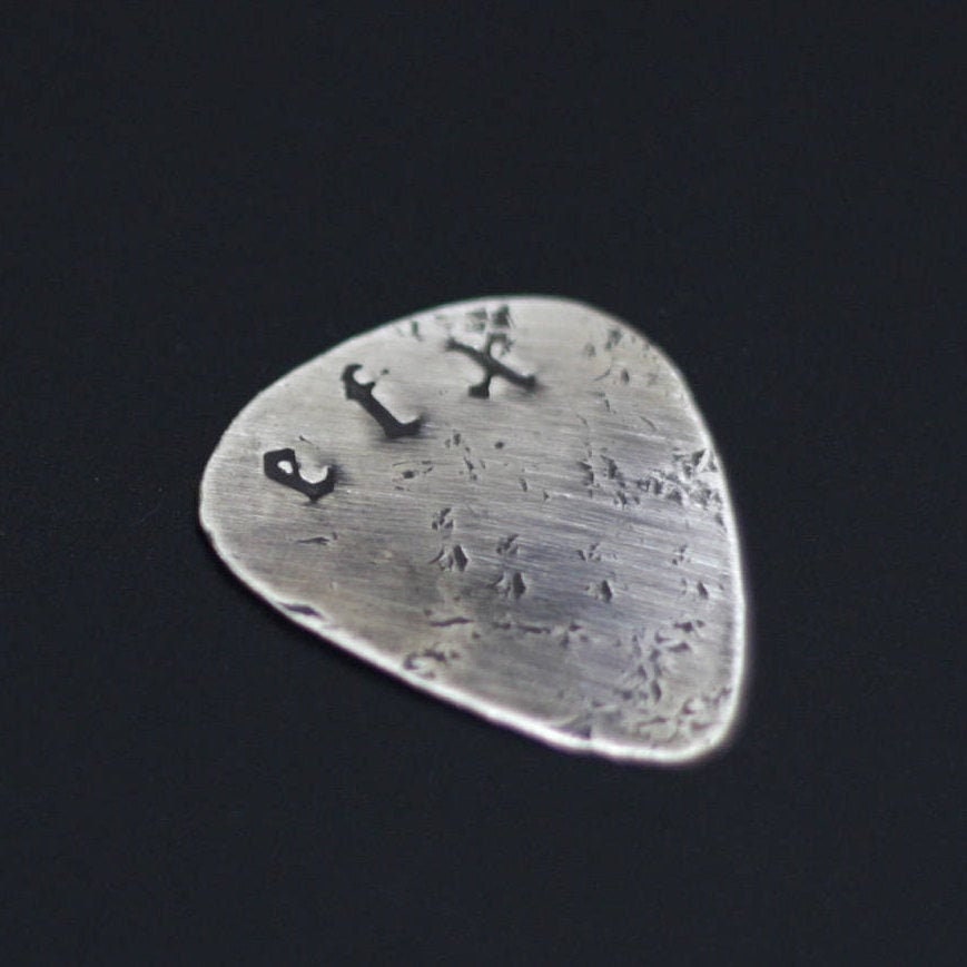 Custom Engraved Distressed Brass Guitar Pick, Old English Font