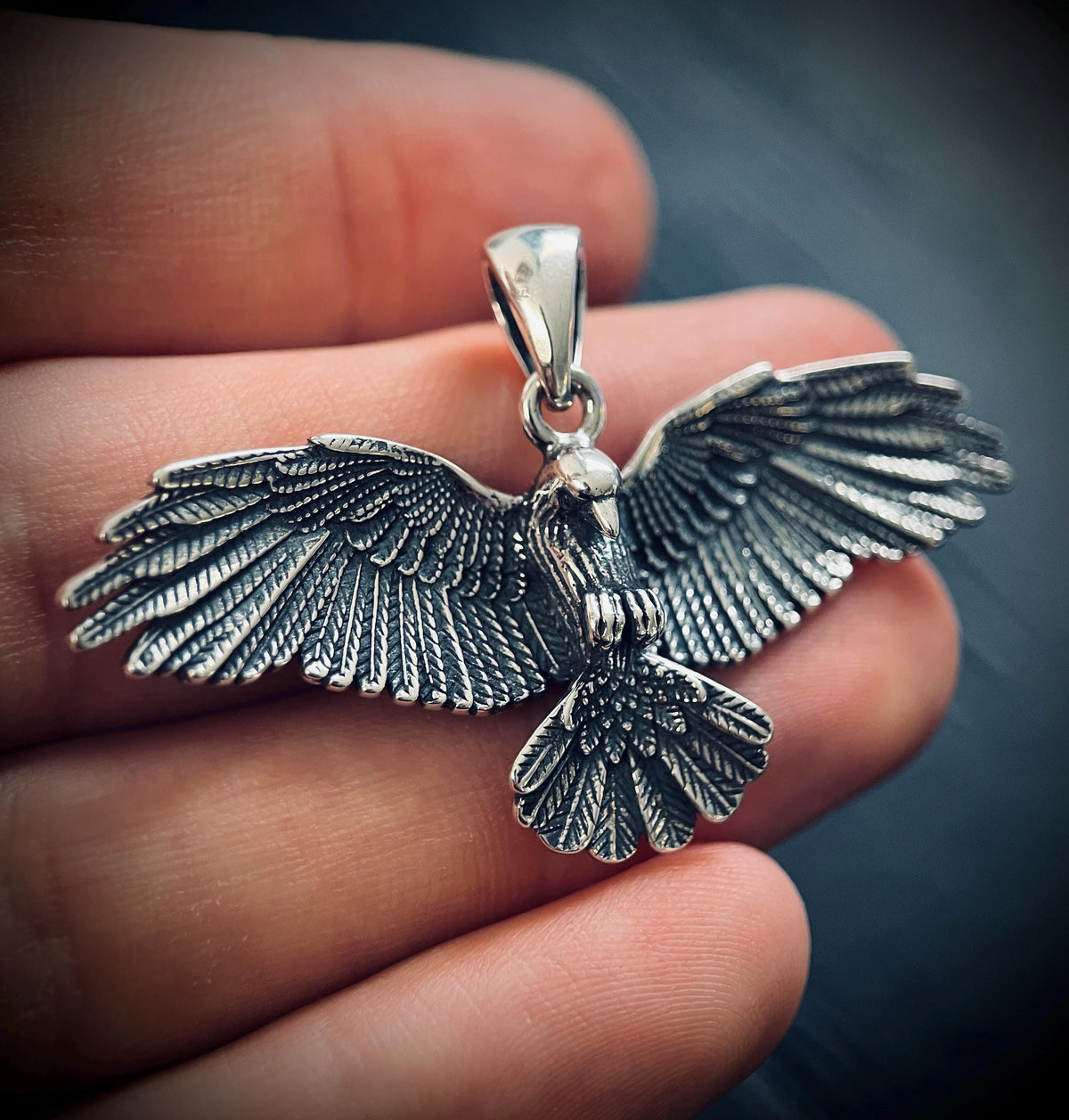 Oxidised Rustic Blackened 925 Solid Sterling Silver Winged Crow Bird Pendant