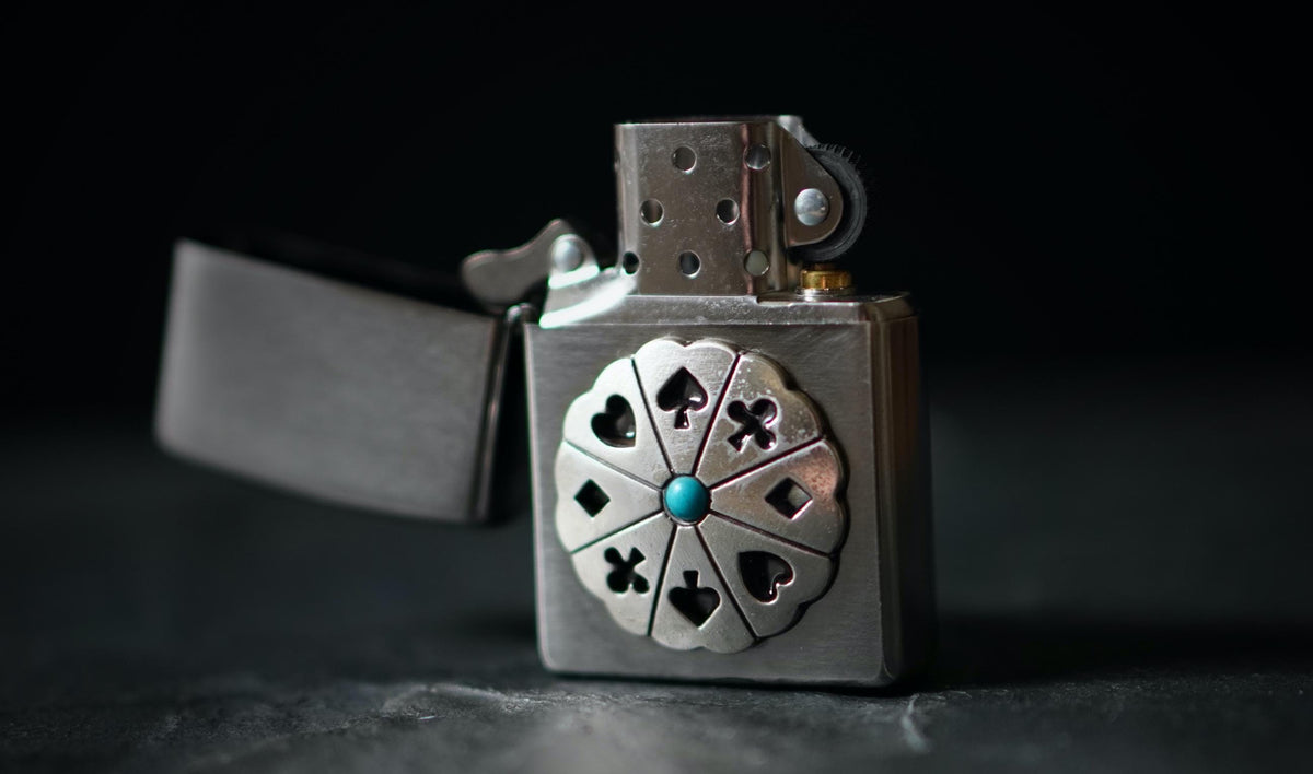 Customised Brushed Silver Chrome Zippo Lighter with Playing Card Wheel Emblem Badge