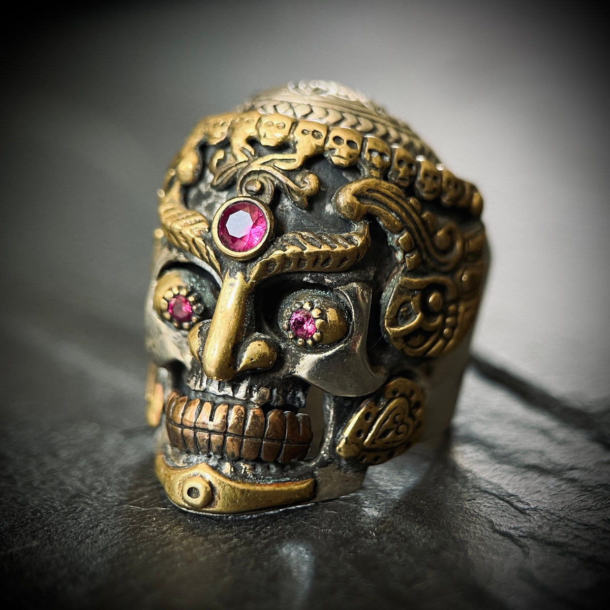 Sterling Silver Tibetan Skull Ring: Handmade Garnet Gemstone Eyes