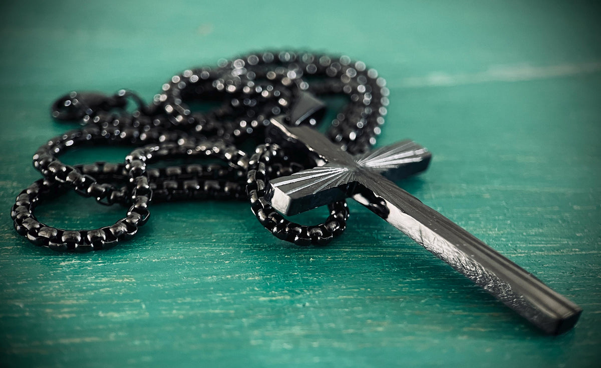 Black Stainless Steel Ornate Engraved Pattern Cross Pendant & Necklace - Boxy Style