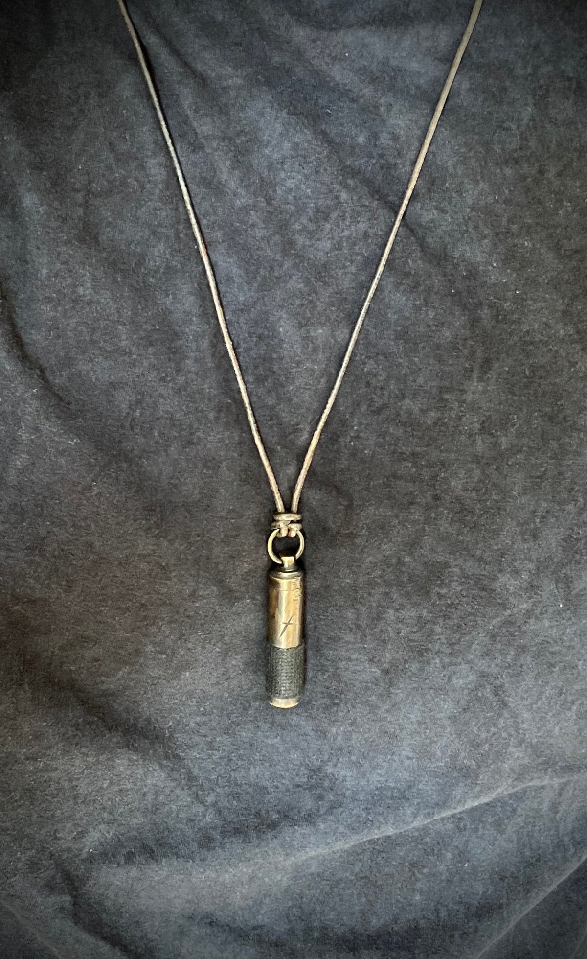 Rustic Style Etched Brass Secret Stash Bullet Vial Capsule Pendant & Leather Lace Cord Necklace