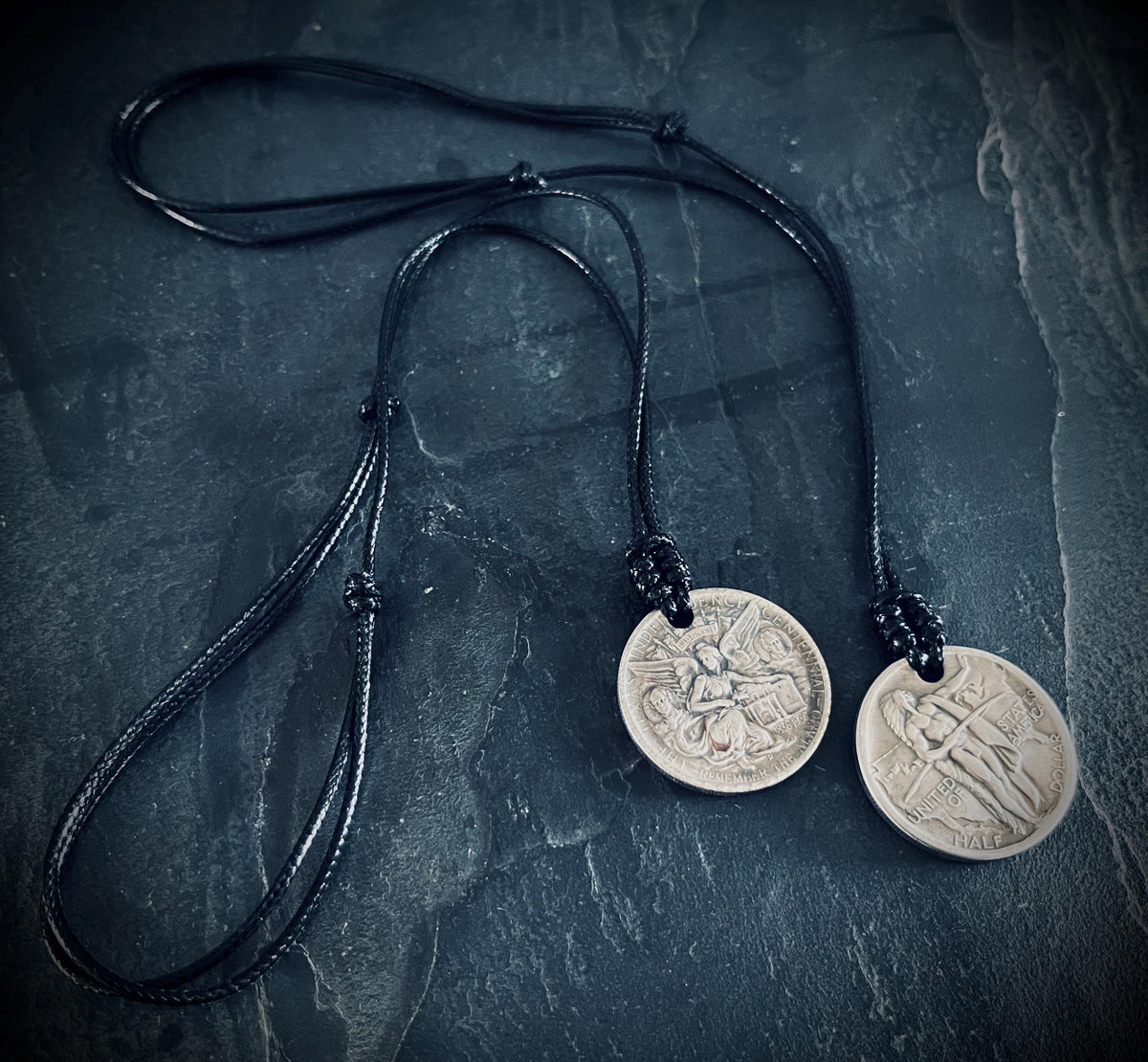 Couples His & Hers Rustic Silver Medallion Pendant Necklaces - Warrior and Angel