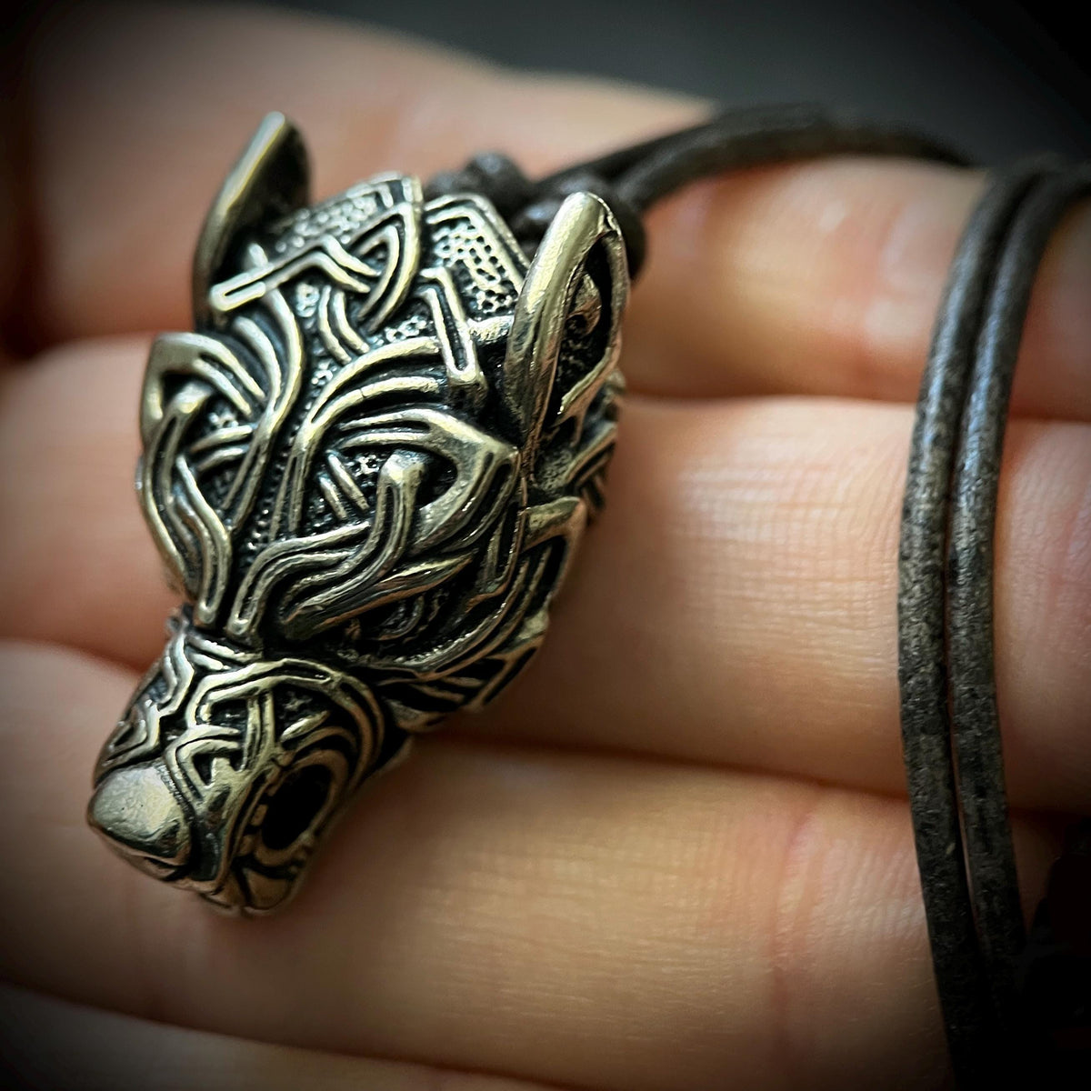 Rustic Silver Stainless Steel Celtic Wolf Pendant & Black Distressed Leather Cord Necklace