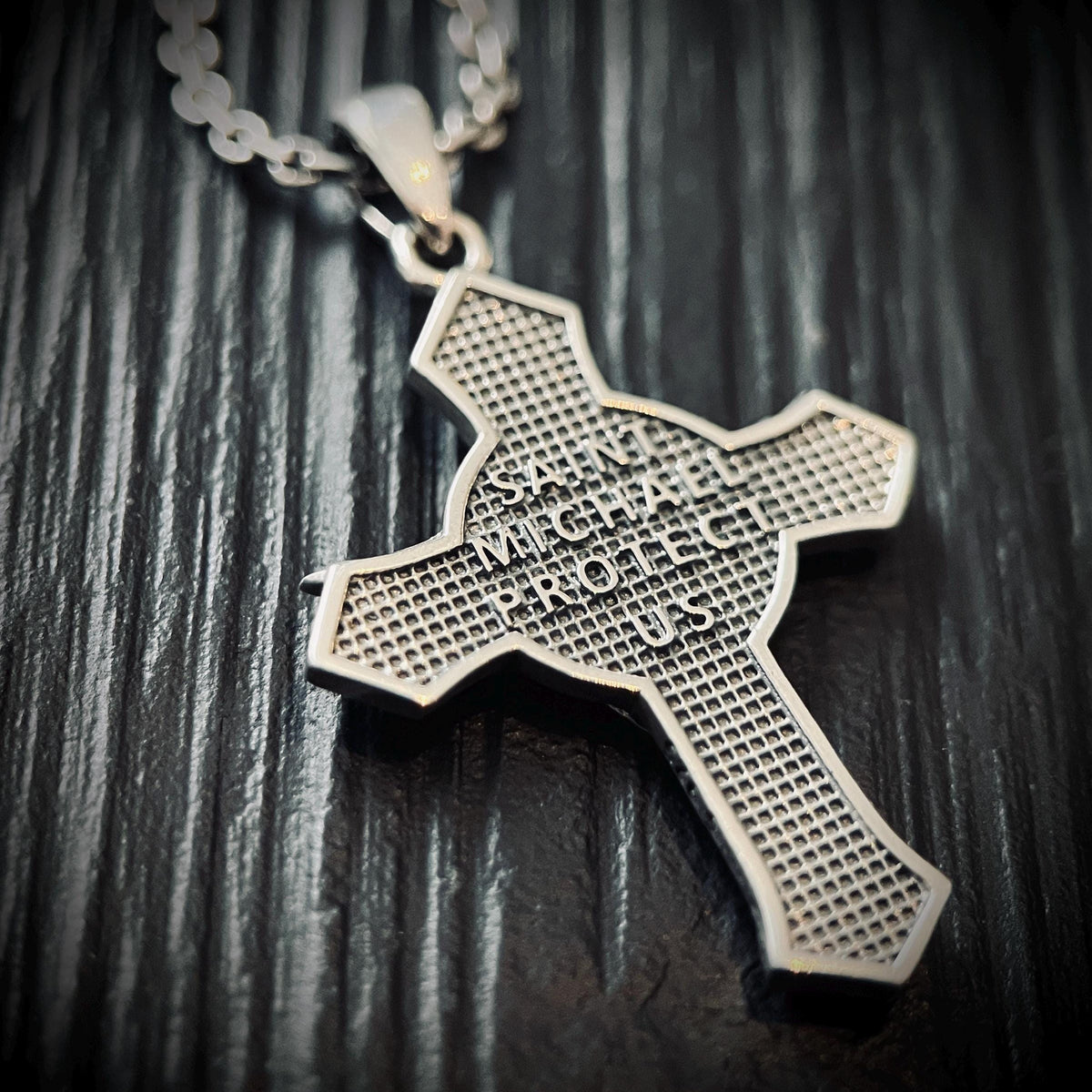 925 Solid Sterling Silver Engraved Rustic Archangel Michael Pendant & Cable Chain Necklace