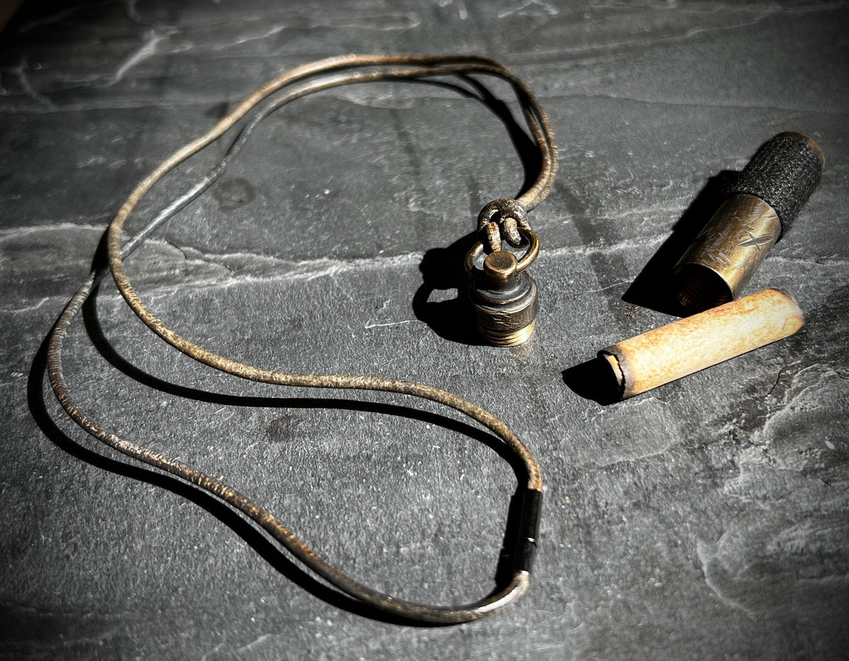 Rustic Style Etched Brass Secret Stash Bullet Vial Capsule Pendant & Leather Lace Cord Necklace