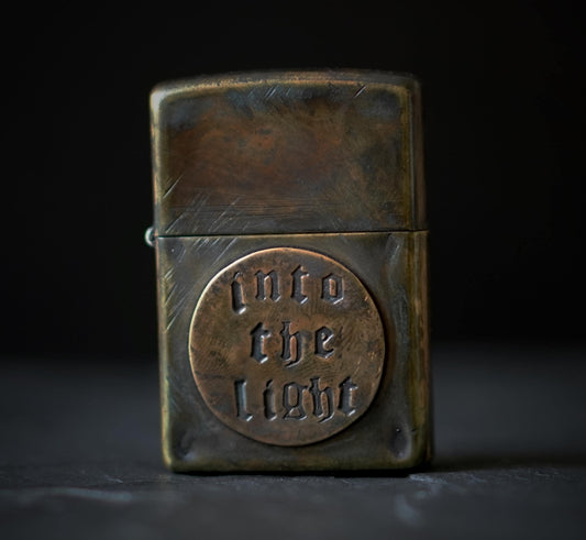 Customised Engraved Distressed Rustic Brass Zippo Lighter with "Into The Light" Inscription