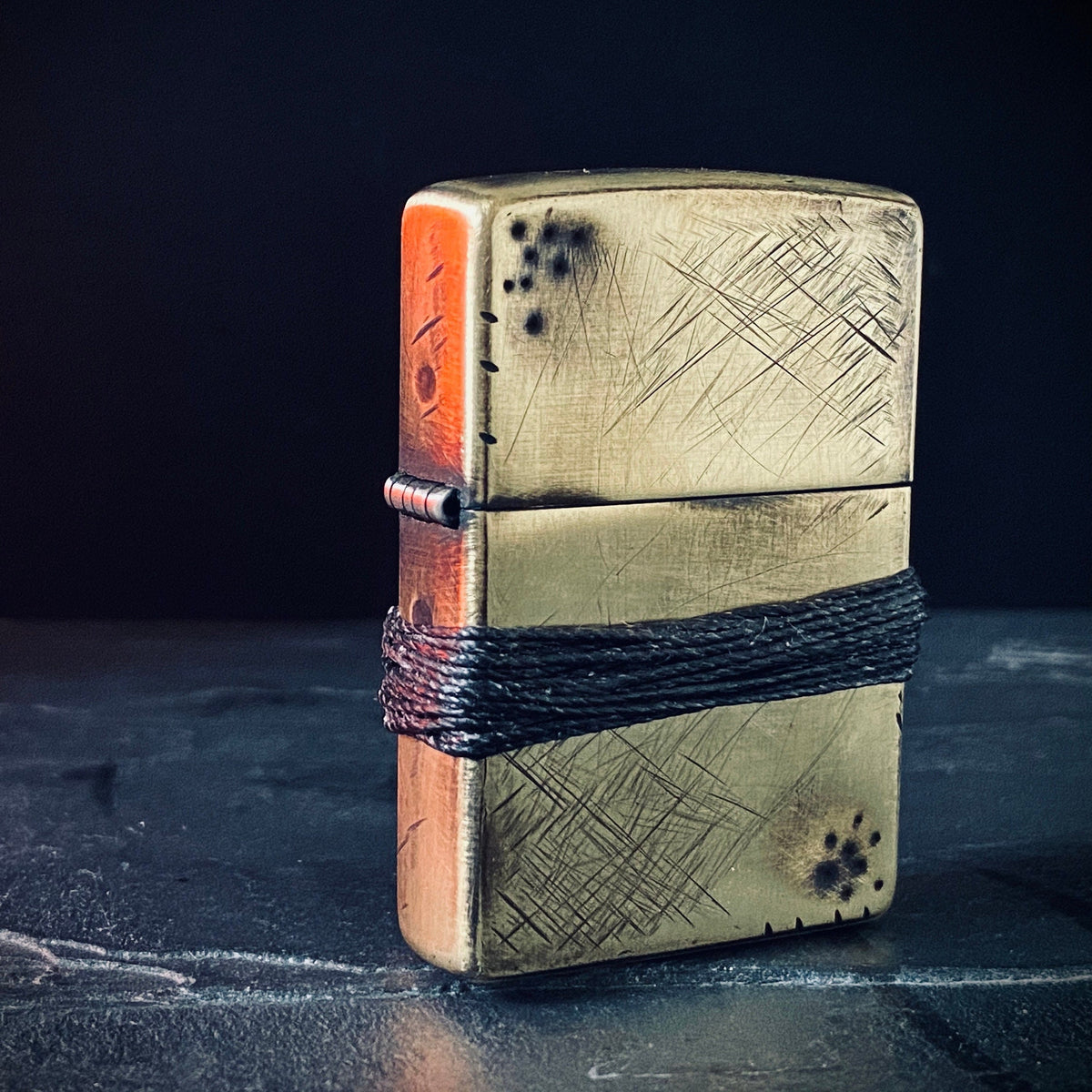 Customised Distressed & Oxidised Battle Damaged Vintage Style Gold Brass Zippo Lighter with Rope Grip / EDC / Everyday Carry