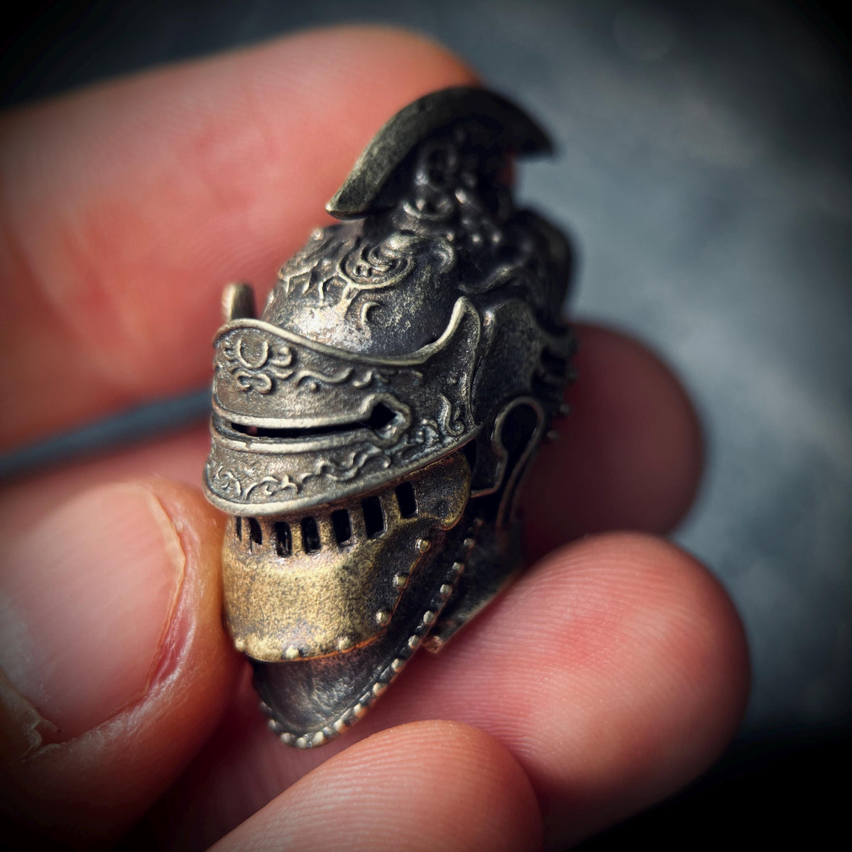 Ornate Highly Detailed Carved Distressed Aged White Brass Templar Knight Helmet Skull Pendant