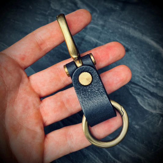Distressed Black Leather Brass Fish Hook Belt Keychain / Key Holder / Lanyard / Carabiner