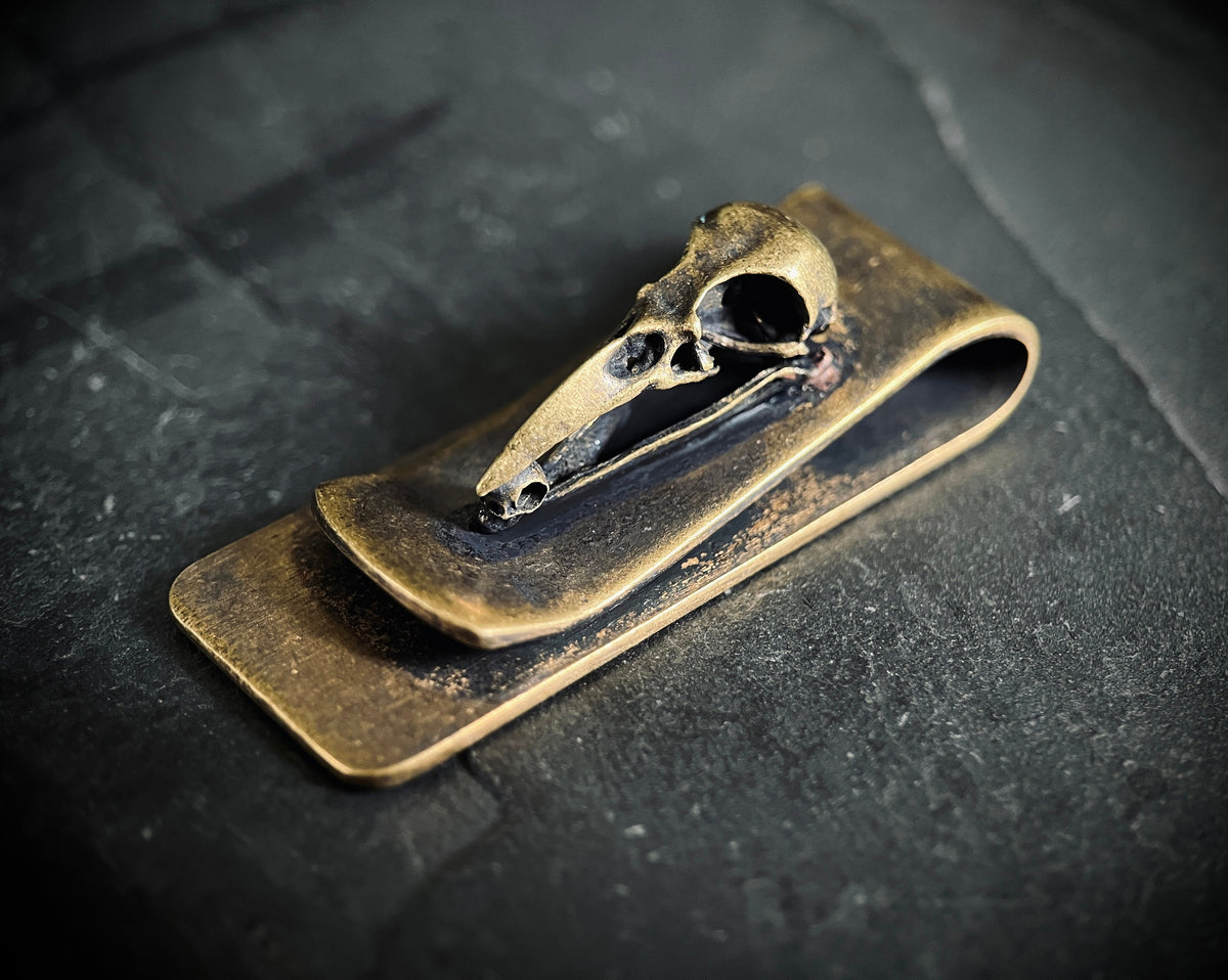 Vintage Distressed Style Solid Brass Crow Bird Skull Money Clip Holder / Wallet