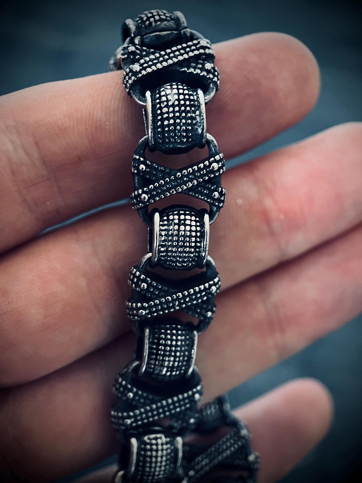 Oxidized Stainless Steel X-Link Bracelet: Chunky Rustic Mens Jewelry