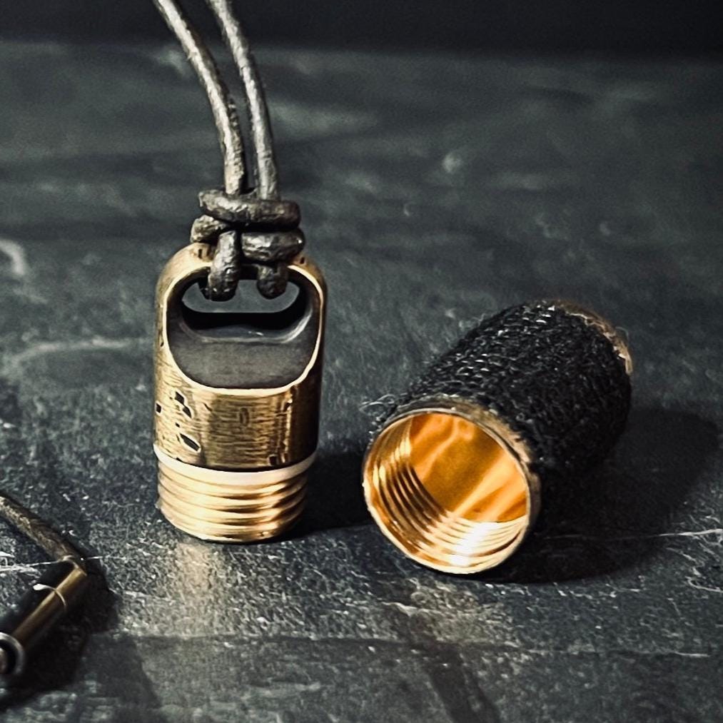 Rustic Solid Brass Small Pill Vial Distressed Shotgun Shell Capsule Stash Urn Pendant with Leather Cord Necklace / EDC / Everyday Carry