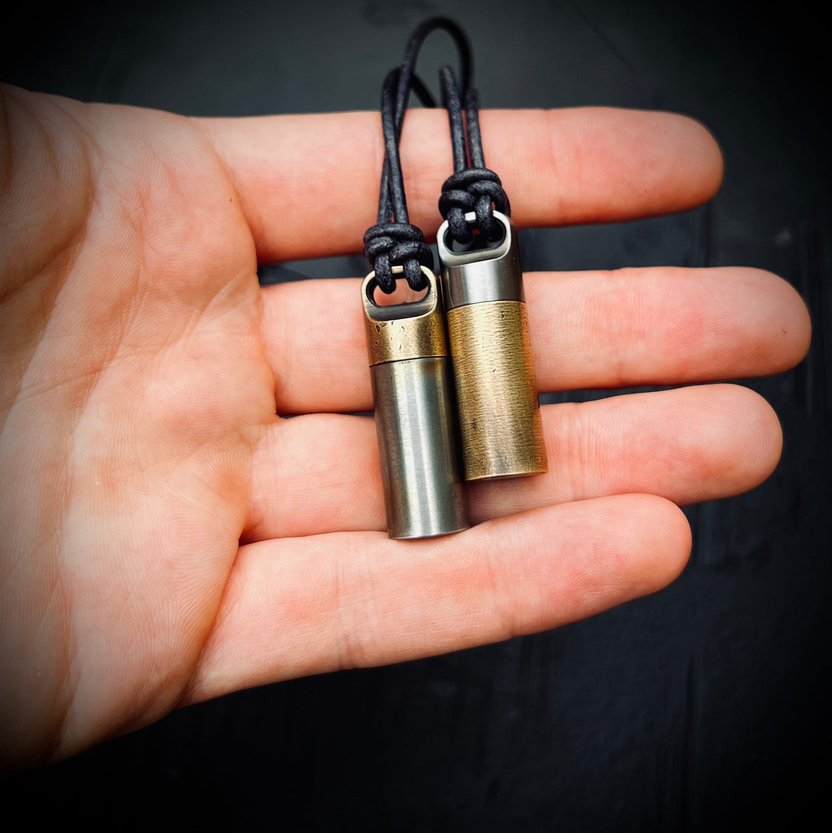 Two-Tone Brass & Stainless Steel Keepsake Necklace: Matching Pair of Stash Capsule Pendants / Couples / Friends