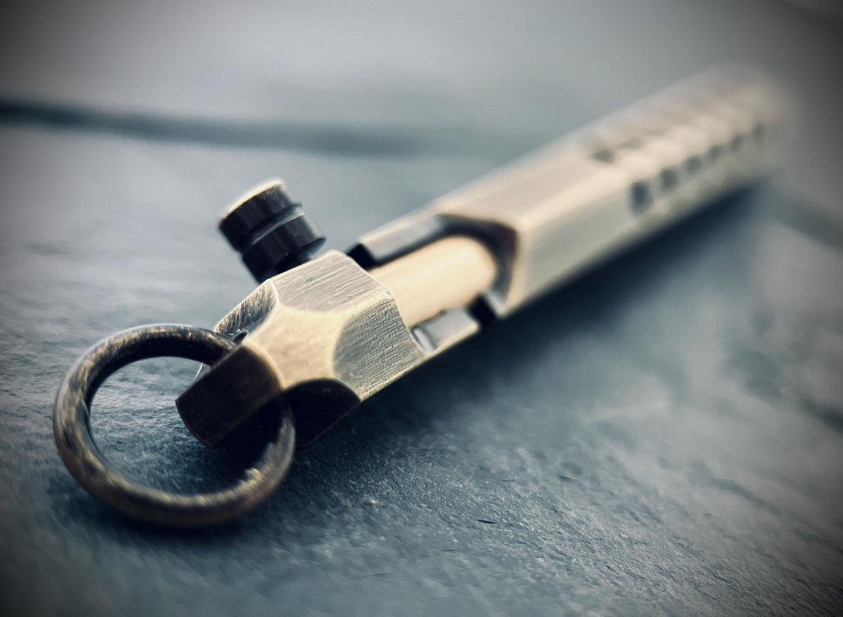 Distressed Bolt Action Oxidised Brass Pen with Grip and Keychain Loop | EDC