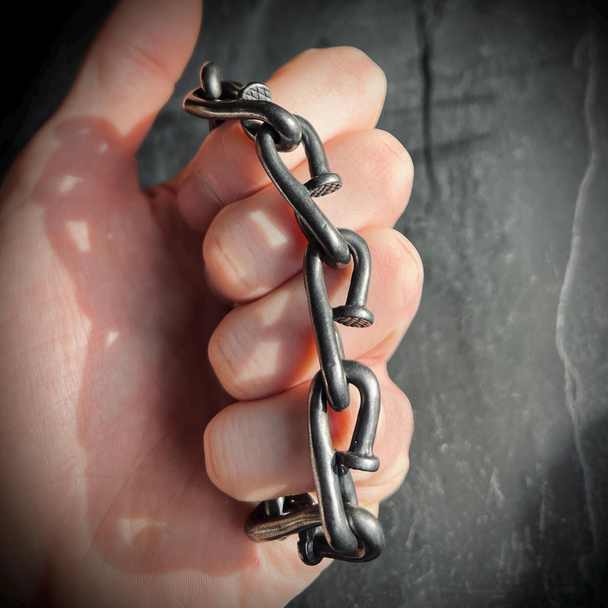 Rustic Oxidized Blackened Stainless Steel Nail Link Chunky Chain Bracelet