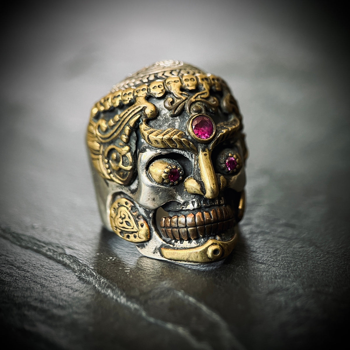 Sterling Silver Tibetan Skull Ring: Handmade Garnet Gemstone Eyes