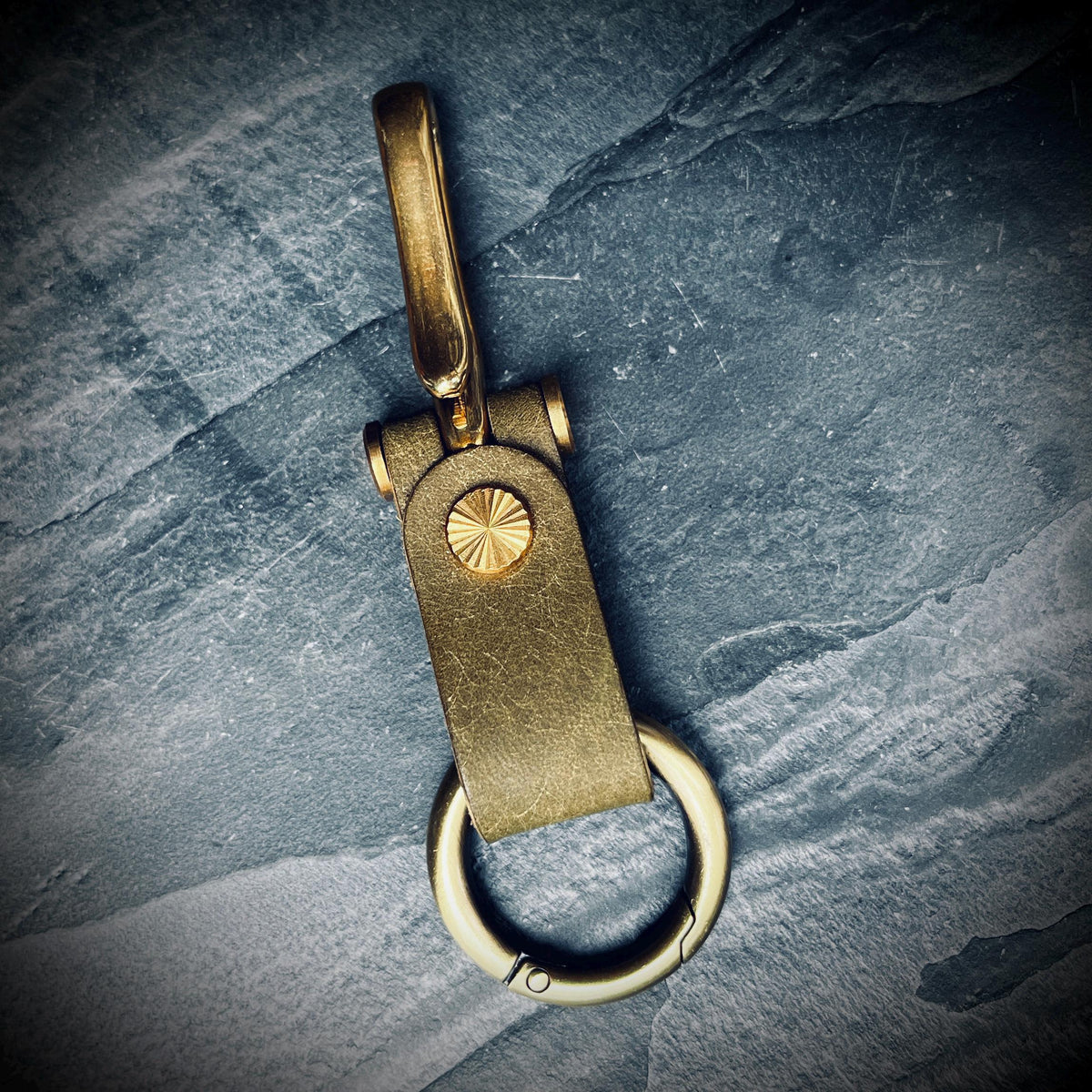 Distressed Olive Green Leather Brass Fish Hook Belt Keychain / Key Holder / Lanyard / Carabiner