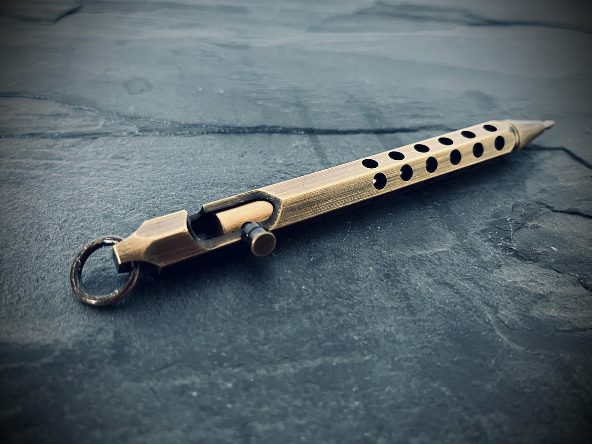 Distressed Bolt Action Oxidised Brass Pen with Grip and Keychain Loop | EDC