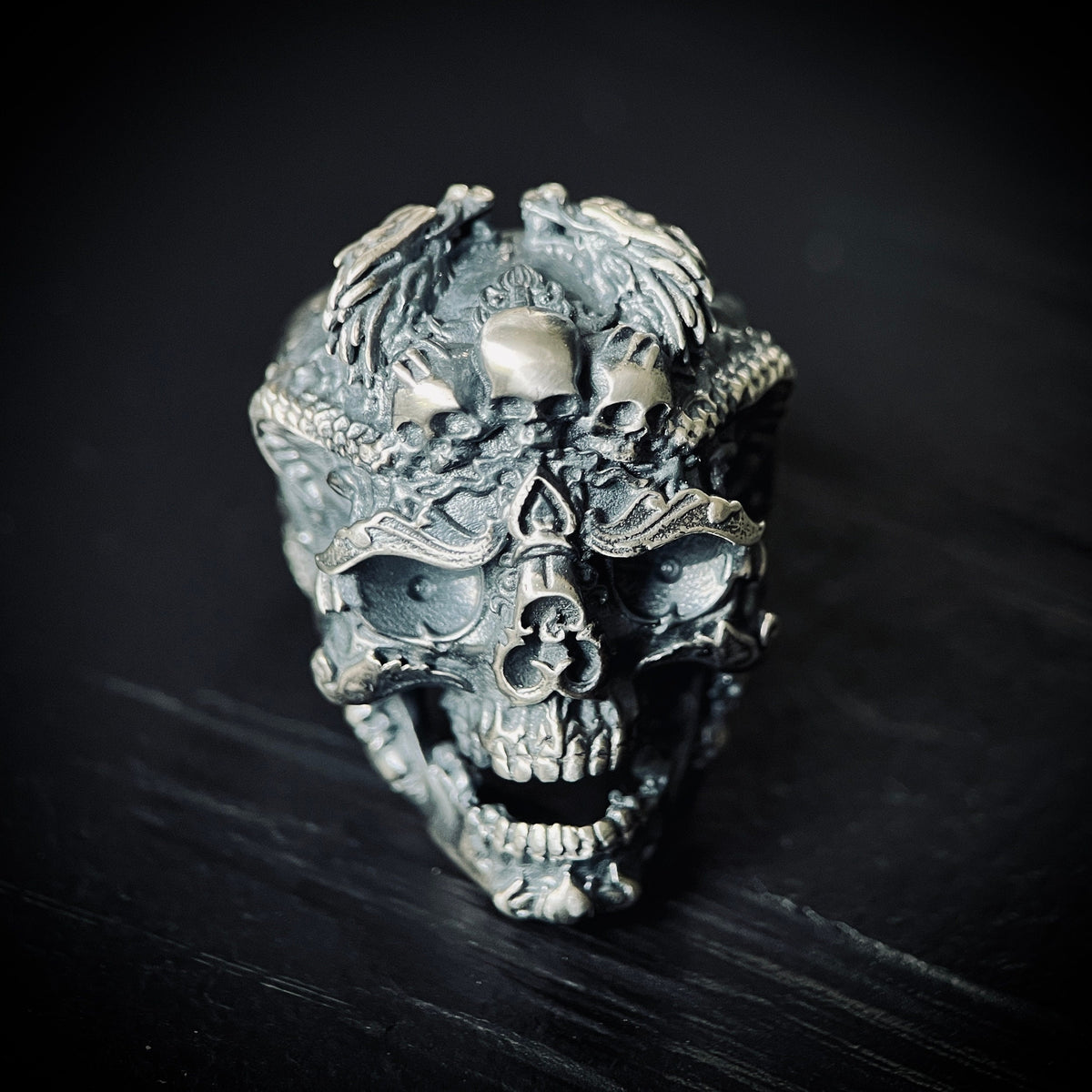 Distressed 925 Solid Sterling Silver Chunky Highly Detailed Ornate Handmade Carved Dragon Skull Ring