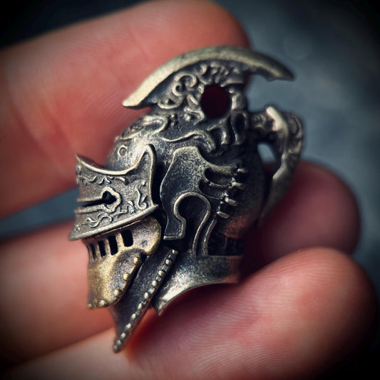 Ornate Highly Detailed Carved Distressed Aged White Brass Templar Knight Helmet Skull Pendant