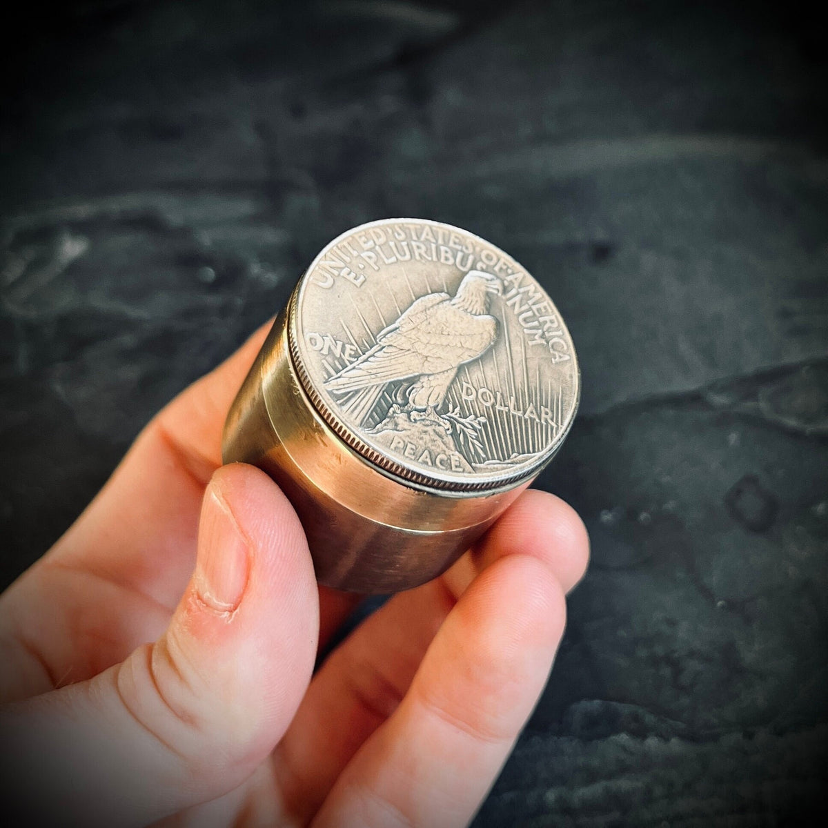 Handmade Silver Peace Dollar Bald Eagle Hobo Coin Vintage Brass Pill Bottle Stash Capsule Container / Survival EDC / Medicine / Snuff Box