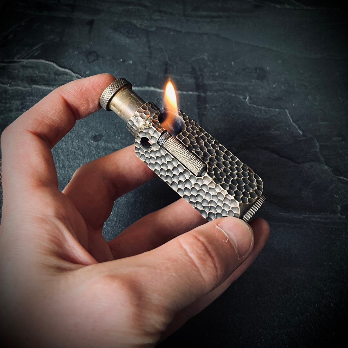 Textured Reptile Skin Vintage Style Solid Brushed Brass Heavy Metal Trench Art War Lighter / EDC / Everyday Carry / Survival Gear
