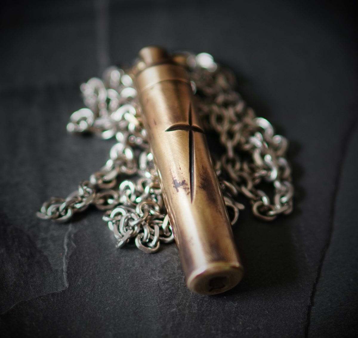 Personalised Engraved Letter Rustic Brass Capsule Stash Urn Vial Cross Symbol Pendant with Silver Stainless Steel Cable Chain Necklace