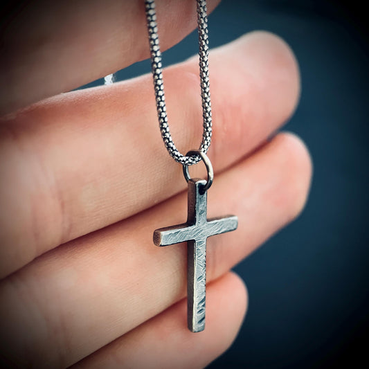 Small Rustic Dainty Minimalist Solid Sterling Silver 925 Cross Crucifix Pendant & Popcorn Chain Necklace