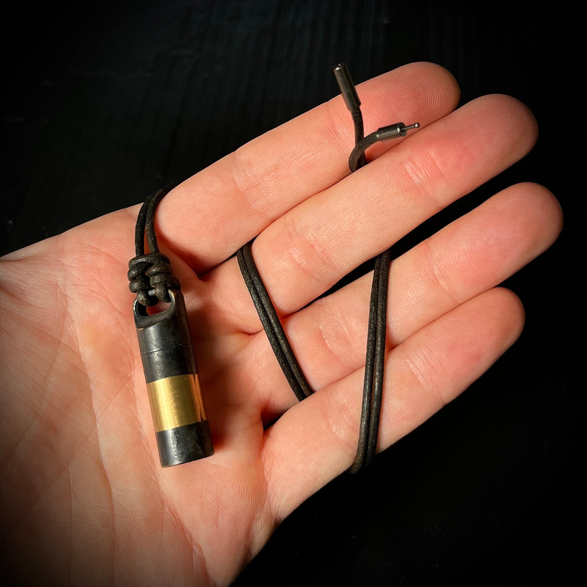 Rustic Brass 2-Tone Black & Gold Contrast Small Pill Vial Distressed Capsule Stash Urn Pendant with Leather Cord Necklace / EDC