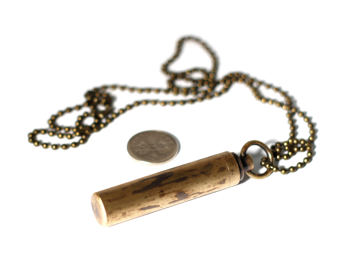 Distressed Solid Brass Vial Necklace, Stash Capsule Container Tube Pendant