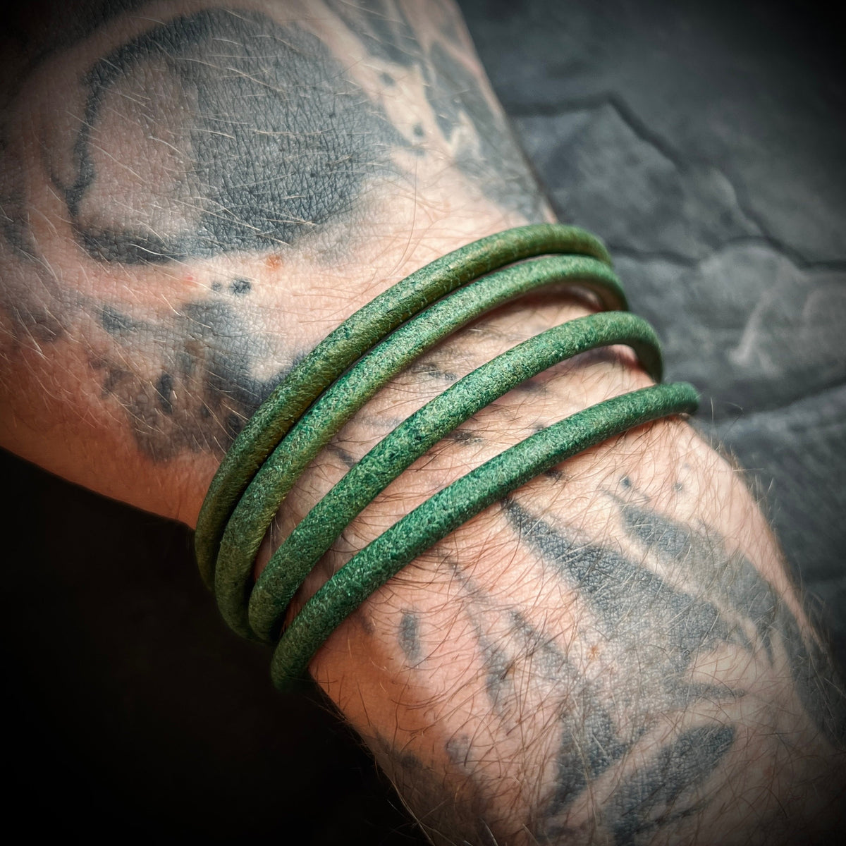 Artisan Handmade Minimalist Green Distressed Relic Leather Wrap Wristband Cuff Bracelet Accessory with Brushed Matte Black Lock Clasp
