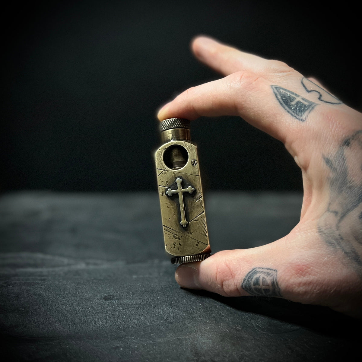 Ornate Vintage Style Distressed Solid Aged Golden Brass Heavy Metal Trench Art War Lighter with Cross Crucifix / EDC Gear / Everyday Carry