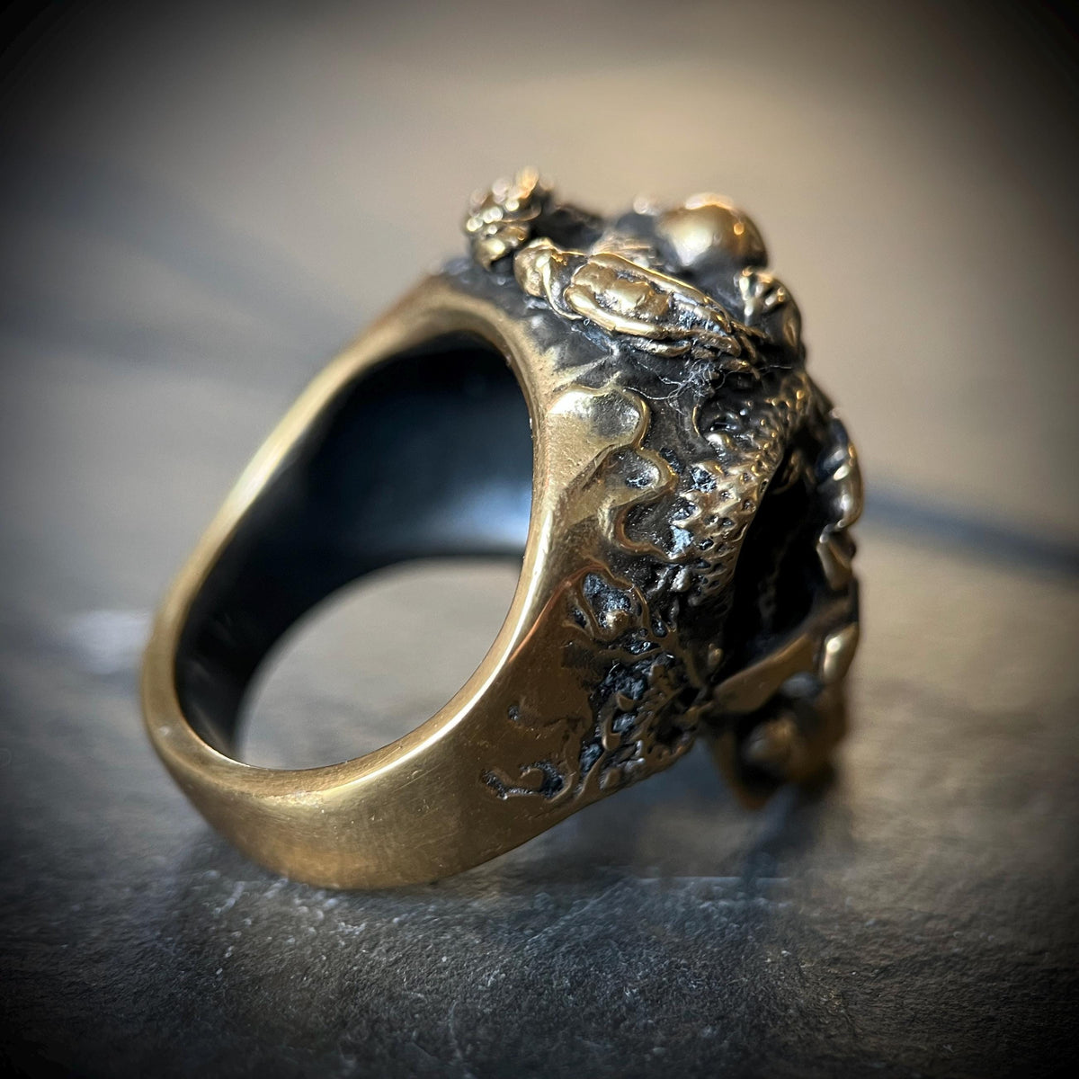 24ct Gold Plated Detailed Oxidised Dragon Skull Ring with Ornate Carvings